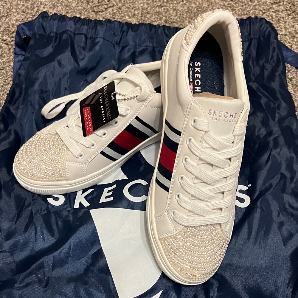 Skechers White Sneakers with Red and Navy Accents